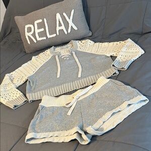 Gray and Cream Knit Lounge Crochet Set Vintage Havana Shorts Sweater Lace Up NEW